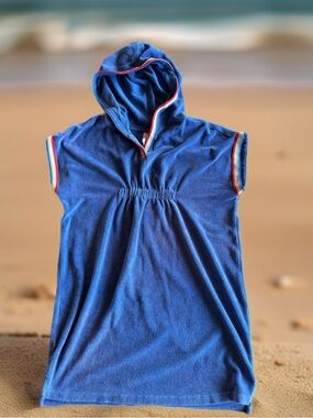 Hanna Andersson Terry Cloth Hooded Cover-Up Dress Blue Rainbow Trim Size 12
